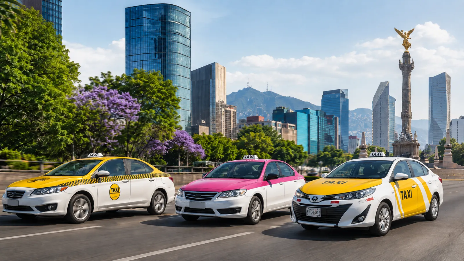 Flotilla de taxis circulando en la Ciudad de México