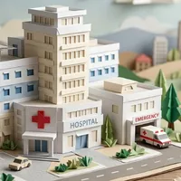Ilustración 3D de hospital — red hospitalaria disponible